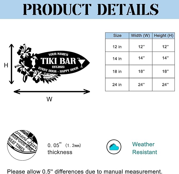 Personalized Tiki Bar Decor LED Tin Metal Sign Wall Art, Backyard Grill Pool Area Decorations, Poolside Tiki Bar Beach House Gifts
