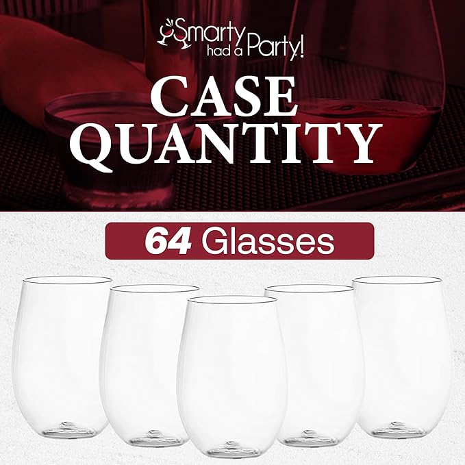 Smarty Had A Party 16 oz Clear Stemless Plastic Wine Glasses, Unbreakable Disposable Drinkware for Weddings, Parties, and Events, Bulk Set (64 Count)