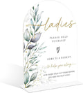 Acrylic Wedding Signs, Greenery Theme Ladies Please Help Yourself Sign, Bridal Shower Table Decor with Stand, Wedding Bathroom Basket Supplies for Engagement, Anniversary, Newlywed Event and Party, 07