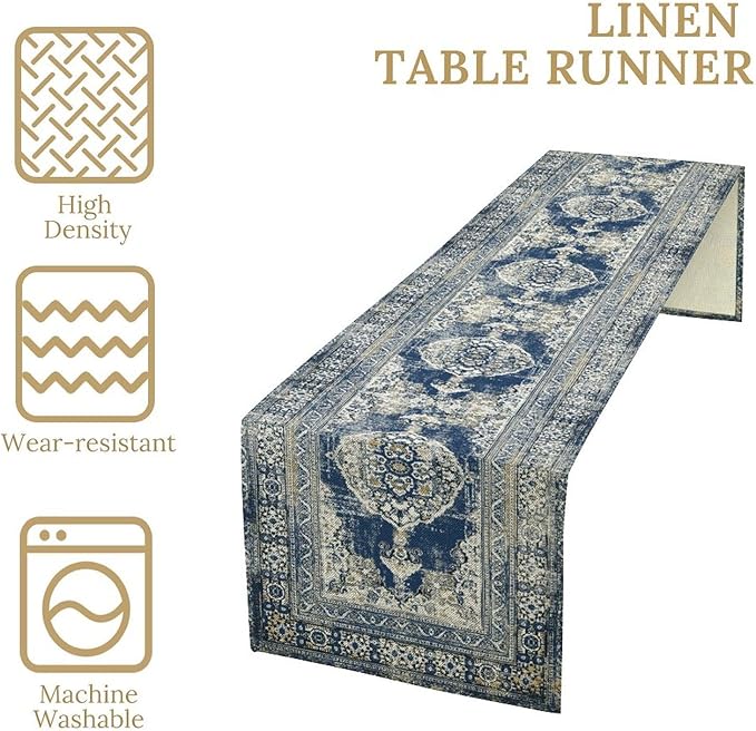 Vintage Boho Floral Table Runner, Rustic Country Farmhouse Blue Teal Retro Flower Pattern for Home Kitchen Table Decor Dining Coffee Room Party Decor 13x90in