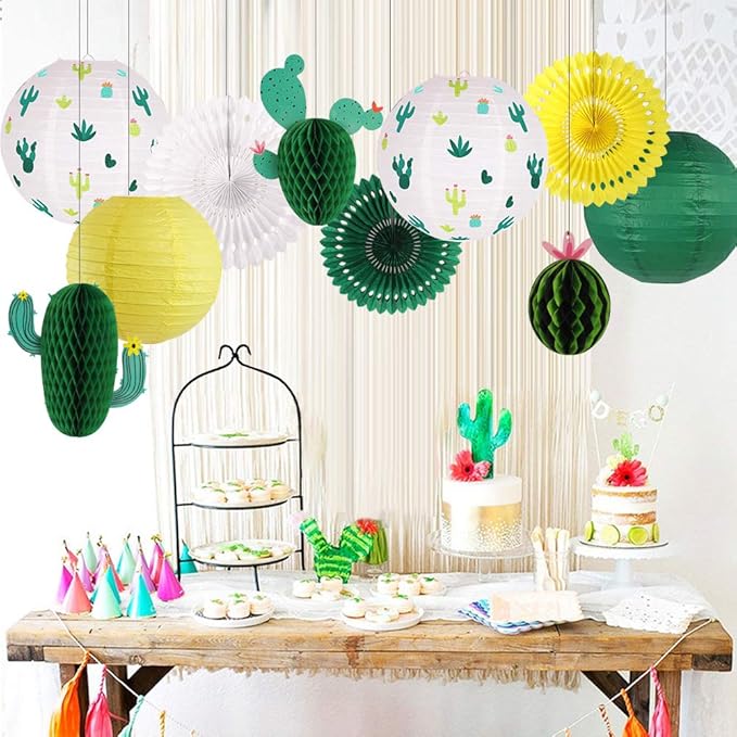 Cactus Party Decorations, Hawaiian Party Supplies Tropical Hanging Paper Lanterns Cactus Honeycomb Tissue Paper Fans for Llama Birthday Luau Party Decorations (Green)