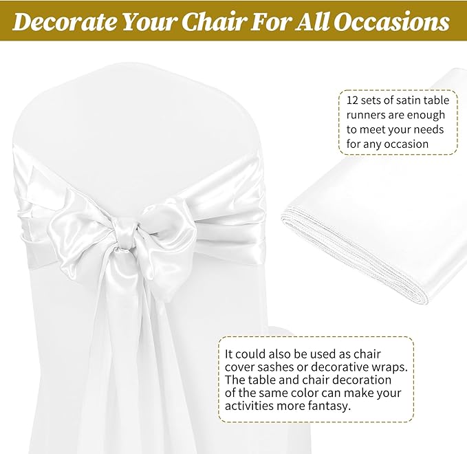 12 Pack White Satin Table Runner 12 x 108 inch Long Premium Smooth Table Runner for Wedding, Banquets, Birthday, Party, Graduation, Engagements,Table Runners fit Rectangle and Round Table