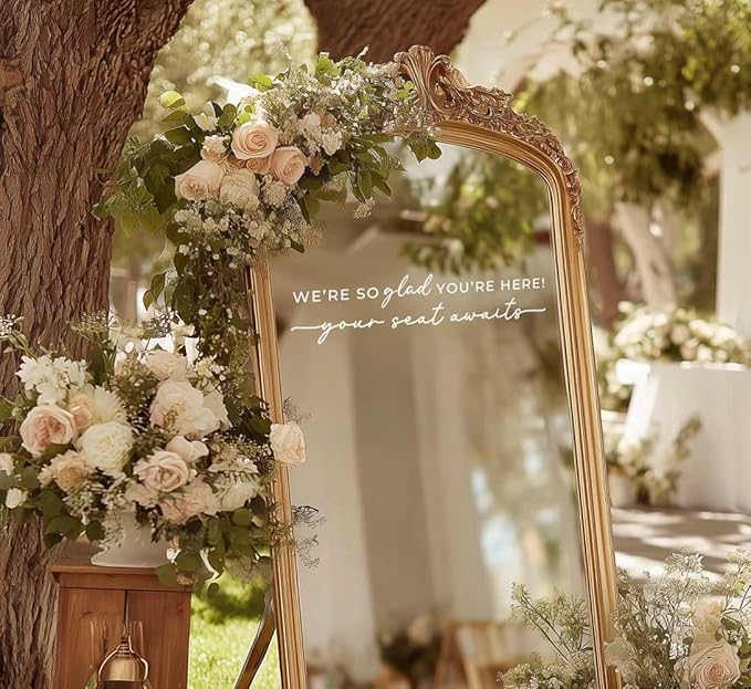 Wedding Sign Decal, Seating Chart Decor, Welcome Vinyl Wedding Mirror Decal, We're So Glad You're Here Seating Chart, Your Seat Awaits Sticker (White, Width 17 inch)