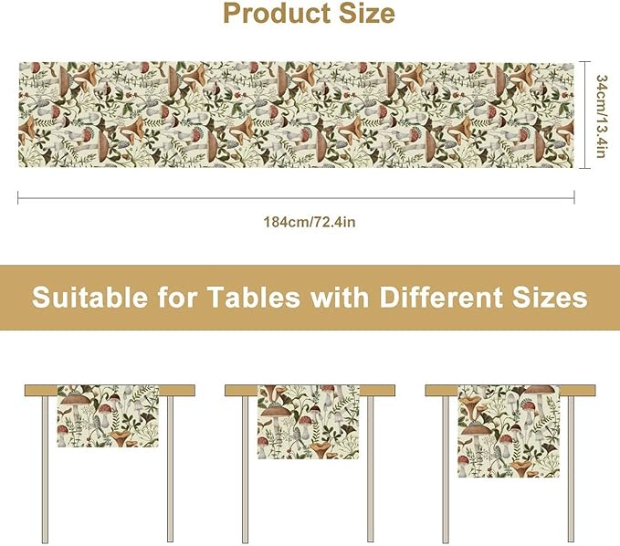 Mushroom Table Runner,Vintage Forest Flower Plant Print Table Runner for Kitchen Dining Table Home Party Decoration 13x60 Inch
