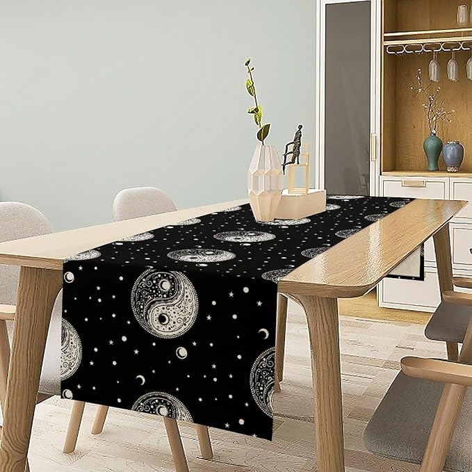 Mystical Celestial Table Runner, Vintage Bohemian Black Yin Yang Symbol Moon Stars Print Table Runner for Office Kitchen Dining Wedding Party Home Coffee Table, 13x36inch