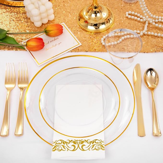 NOCCUR 350PCS Clear and Gold Plastic Plates - Gold Disposable Plastic Dinnerware Set for 50 Guests Include 100 Plastic Plates, 150 Gold Cutlery, 50 Cups&50 Napkins Idea for Wedding/Party/Thanksgiving