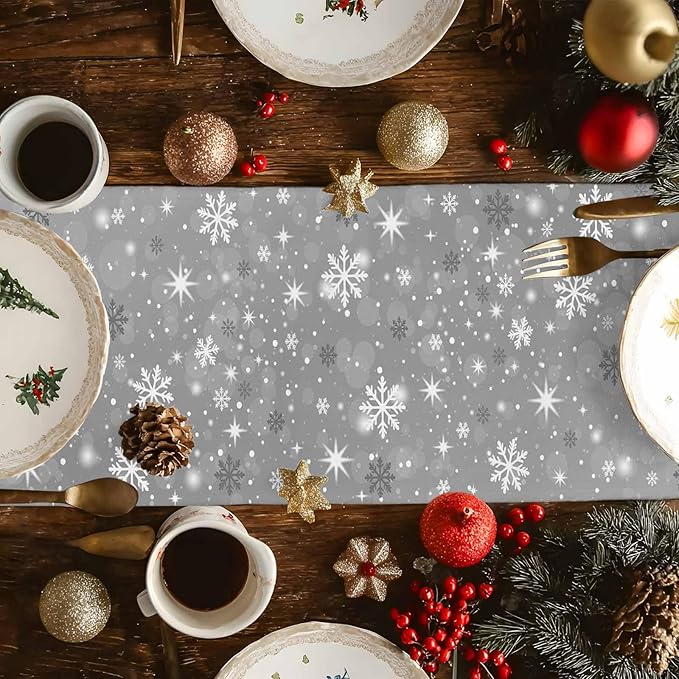 Christmas Snowflakes Cotton Linen Table Runner for Dining Kitchen, Xmas Tree Snow Winter Wedding Outdoor Party Tablerunners Decoration, Grey Balls Dresser Scarf Coffee Tablecloth Runners 13x72 Inches