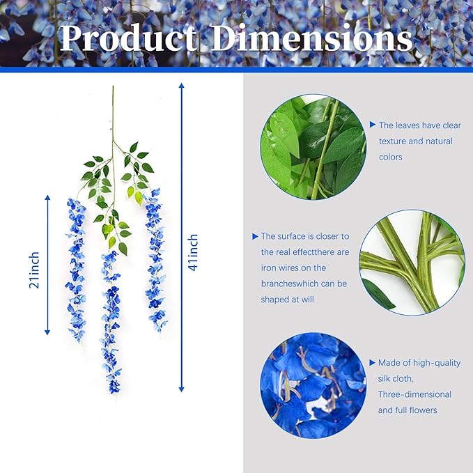 24 Pack Royal Blue Wisteria Hanging Flowers, 3.4 Ft Fake Hanging Flowers, Artificial Wisteria Garland Vines for Wedding Room Backdrop Outdoor Patio Garden Decoration