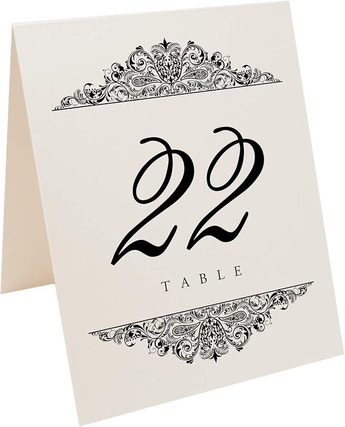 Paisley Wedding Table Numbers (Select Color/Quantity), Champagne, Black, 1-65, Double Sided, Tent or Use in a Stand, Great for Parties & Restaurants - Made in the USA