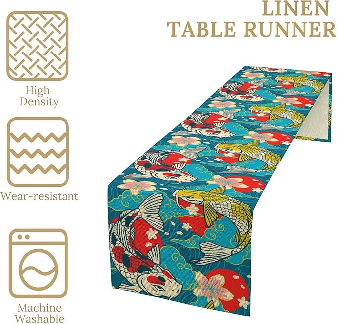 Japanese Kio Fish Table Runner Oriental Tradition Cherry Art Printed Burlap Runner Home Kitchen Dining Table Living Room Decor Fabric 1 Panel W13xL60in