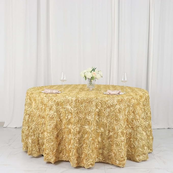 Efavormart 120" Wholesale Round Table Cover Champagne Grandiose Rosette 3D Satin Tablecloth for Wedding Party Event Decoration
