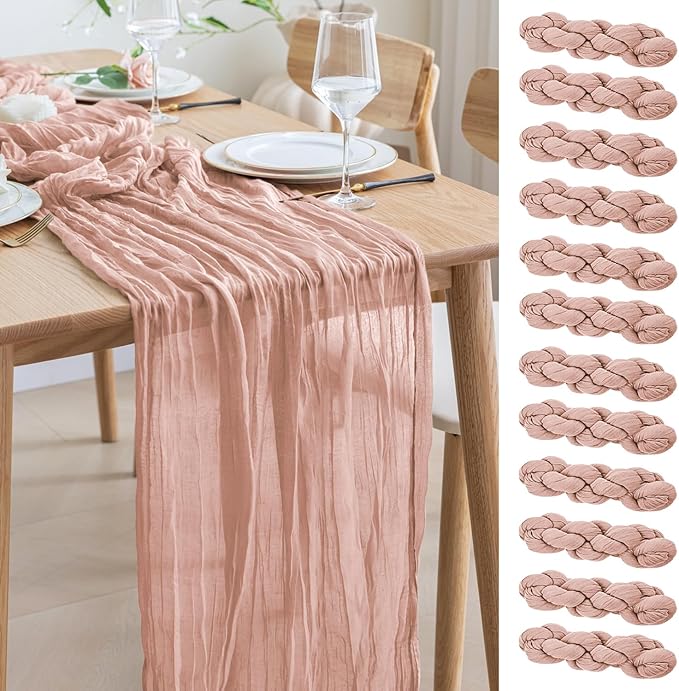 Asee'm 12pcs Cheesecloth Table Runner 120 Inches Dusty Pink Boho Gauze Cheese Cloth Runner 10FT Rustic Sheer Table Runners for Summer Wedding Baby Shower Holiday Party Decoration