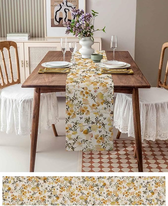 Vintage Orange Flower Cotton Linen Table Runner for Dining Kitchen, Wedding Outdoor Party Tablerunners Decoration, Farmhouse Botanical Floral Retro Dresser Scarf Coffee Tablecloth Runners 13''x108''