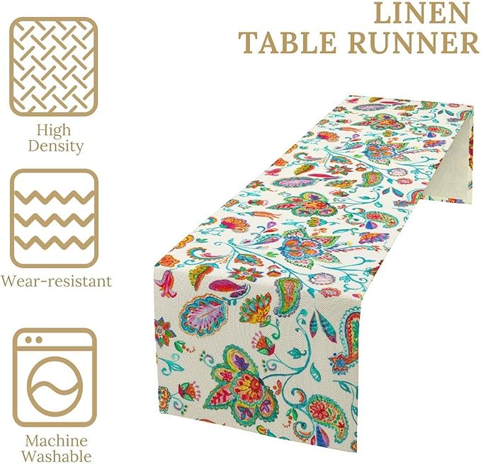 Paisley Table Runner, Watercolor Floral Oriental Indian Traditional Tulips Leaves Bohemian Paisley Print Table Runner for Kitchen Dining Tables Party Decor, 13x108inch