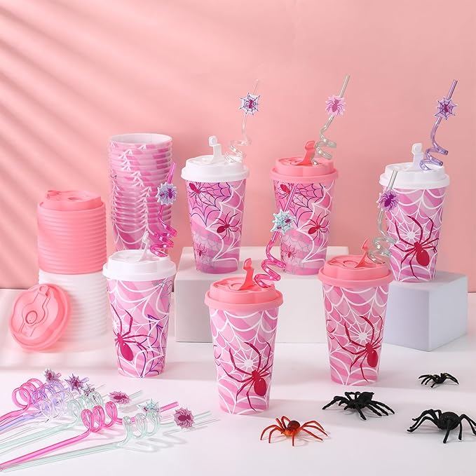 Yungyan 36 Sets Pink Spider Party Favors Goodie Cups with Lids and Straws for Halloween Party Decorations Reusable 16oz Plastic Candy Cups Plastic Straws for Birthday Gift (Pink Spider)