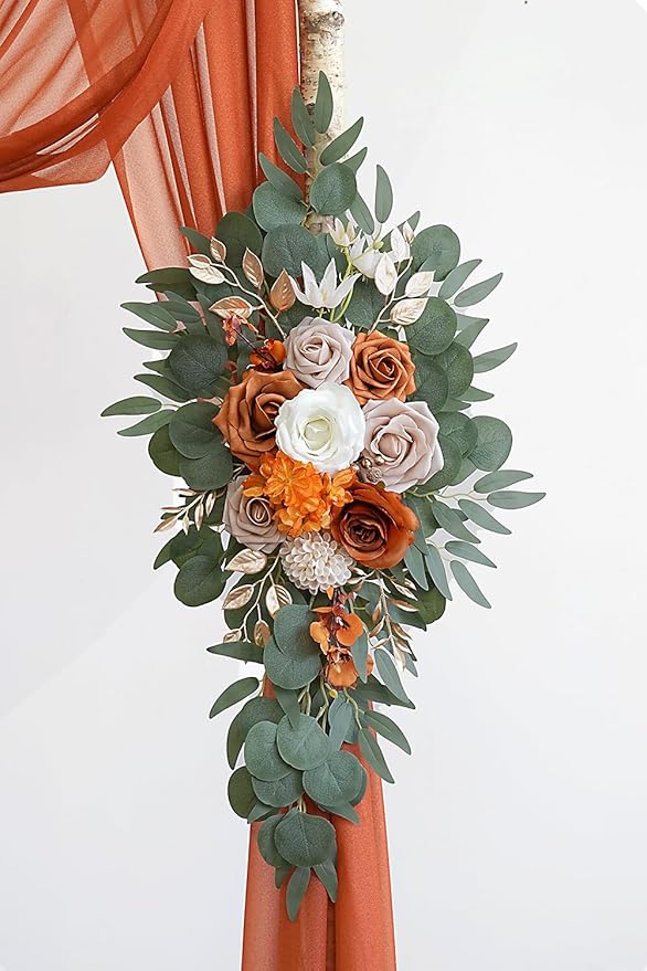Burnt Orange Artificial Wedding Arch Flowers Kit (Pack of 3) with 26Ft Terracotta Shiny Arch Draping Fabric for DIY Wedding Party Ceremony Reception Backdrop Floral Decoration