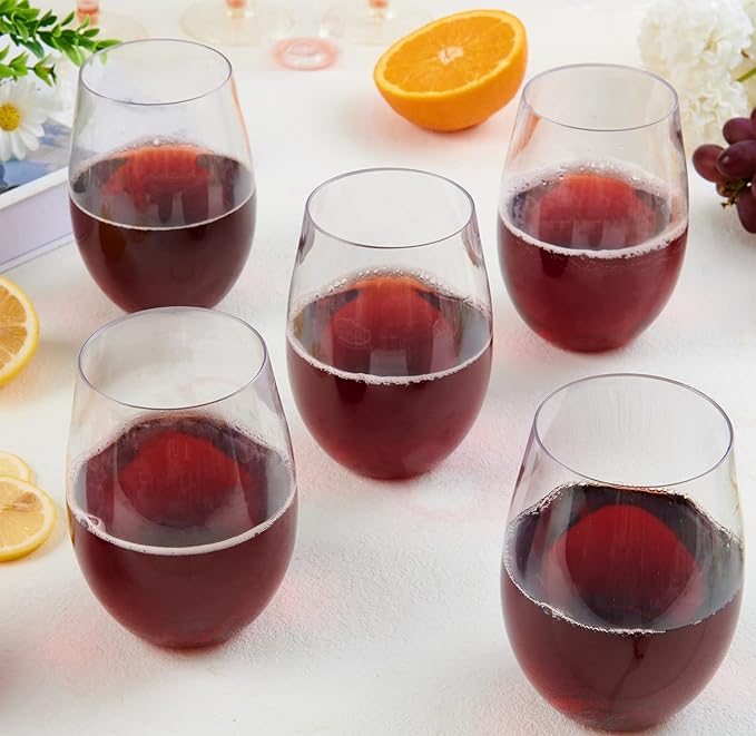 FOCUSLINE 20 Pack 16 Oz Plastic Wine Glasses, Stemless Plastic Wine Cups Heavy Duty, Unbreakable Disposable Wine Glasses for Wedding or Party