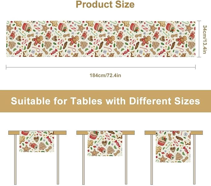 Christmas Table Runner, Christmas Gingerbread New Year Xmas Table Cloth Kitchen Dining Table Decoration for Home Party Decor 13x108 Inch