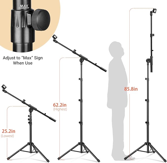 CAHAYA Mic Stand Tripod Boom Arm Floor Microphone Stand Height Adjustable with Carrying Bag and 2 Mic Clips 3/8" to 5/8" Adapter for Singing Performance Podcast