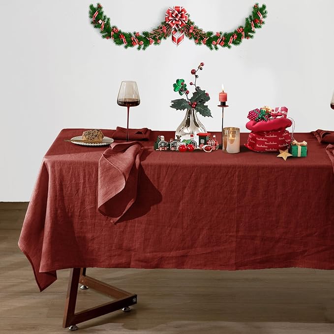 Talasily Linen Tablecloth 100% Pure Linen Table Cloth 60x120 Inches Rectangle Tablecloths Washable Cloths for Kitchen, Dining, Buffet Parties, Holidays, Picnic, Weddings and Restaurants-Christmas Red