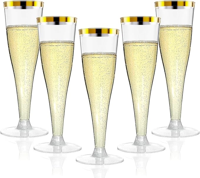 40 Pack Champagne Flutes Plastic Wine Glasses Disposable, 4.5 Oz Gold Rim Mimosa Glasses for 2025 Wedding Birthday Party Supplies, Bulk Toasting Cocktail Cups