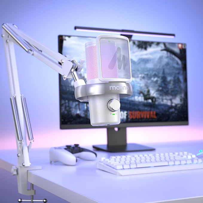 MAONO Boom Arm Microphone Stand: Adjustable Metal Suspension Mic Boom Arm for Podcasting Gaming Streaming Recording,with Desk Clamp and 3/8" to 5/8" Screw Adapter-Max Load 1KG BA20 White