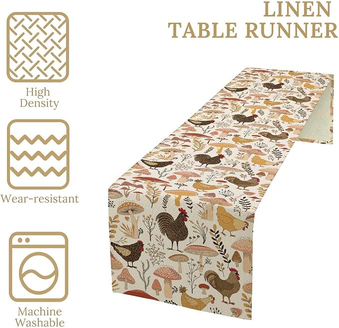 Mushroom Table Runner,Retro Natural Plant Famhouse Table Runner for Kitchen Dining Table Home Party Decoration 13x72 Inch