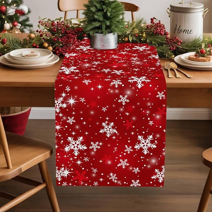Christmas Snowflakes Cotton Linen Table Runner for Dining Kitchen, Red Xmas Winter Snow Wedding Outdoor Party Tablerunners Decoration, New Year Dresser Scarf Coffee Tablecloth Runners 13x72 Inches