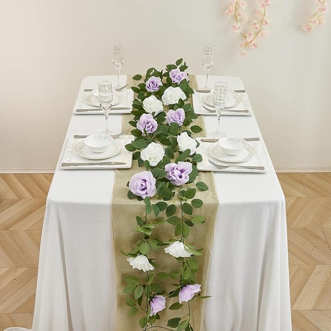 Lavender Artificial Rose Garlands Rose Vines Leaves Banners Hanging Floral Garland Fake Rose Flower Vine for Wedding Arch Ceremony Home Garden Outdoor Party Wall Decorations