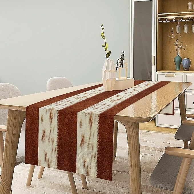Cow Patchwork Print Table Runner, Brown Country Farm Animal Fur Skin Farm Safari Wildlife Pattern Table Runner for Dinner Dinning Home Kitchen Living Room Party Holidays Setting, 13x70 Inch