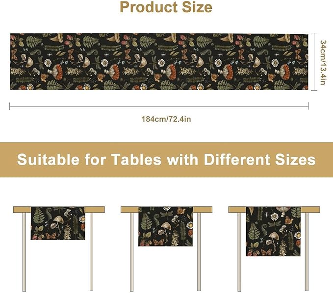 Mushroom Table Runner,Retro Forest Plant Table Runner for Kitchen Dining Table Home Party Decoration 13x60 Inch