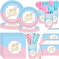 452 Pcs Gender Reveal Party Decorations Include Boy or Girl Paper Plates Napkins Cups Tablecloth Cutlery Straws Blue and Pink Gender Reveal Party Tableware for Baby Shower Decorations