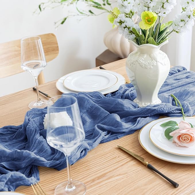 Asee'm 4pcs Cheesecloth Table Runner 120 Inches Long Blue Boho Gauze Cheese Cloth Runner 10FT Rustic Sheer Table Runners for Christmas Wedding Party Baby Shower Spring Easter Decoration