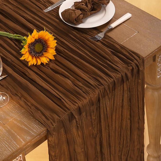Brown Cheesecloth Table Runner Tan 10 Pack Fall Table Runners Boho Gauze 120 Inches Marron Cheese Cloth Fall Table Decorations for Thanksgiving Wedding Bridal Baby Shower Tea Party Decor