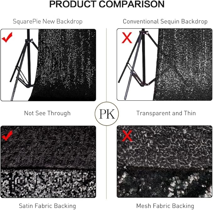 SquarePie Sequin Backdrop Less See Through Thick Background Glitter Curtain for Halloween Party 7FT x 7FT Black