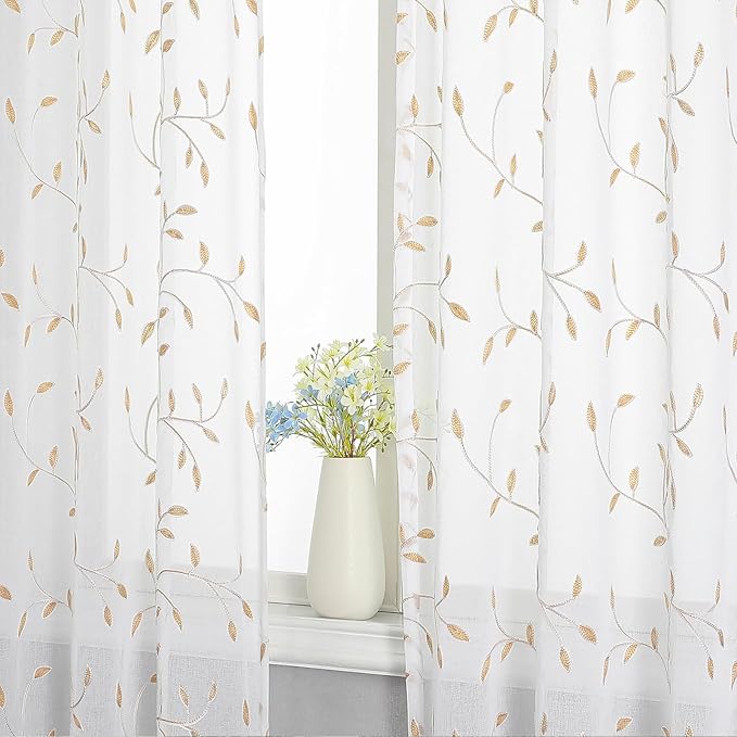 VISIONTEX White Sheer Voile Curtains, Decorative Orange Leaves Embroidery Faux Linen Rod Pocket Window Drapes for Home Kitchen, Living Room and Bedroom 54 x 54 Inch, Set of 2 Curtain Panels