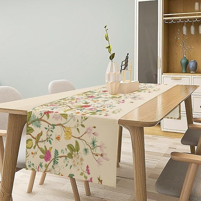 Floral Table Runner, Vintage Birds Wildflowers Herbs Nature Theme Linen Long Table Kitchen Dining Table Holiday Party Decorative Table Runner,13in（33cm） W * 108in（274cm） L