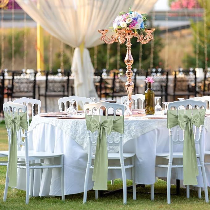 50 PCS Sage Green Satin Chair Sashes Bows Universal Chair Ribbon Ties Back Sash for Wedding Party Reception Events Banquets Hotel Event Chair Cover Decoration (7x108 inch)