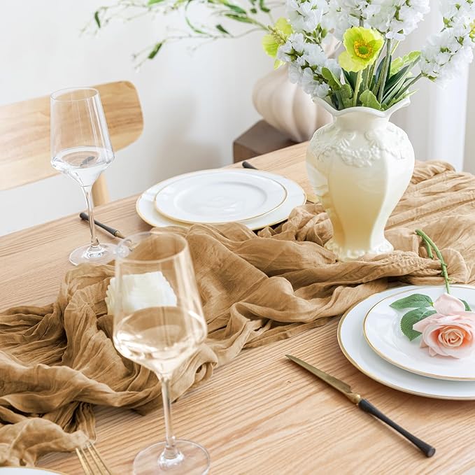 Asee'm 12pcs Cheesecloth Table Runner 120 Inches Long Khaki Boho Gauze Cheese Cloth Runner 10FT Rustic Sheer Table Runners for Christmas Wedding Party Baby Shower Spring Easter Decoration