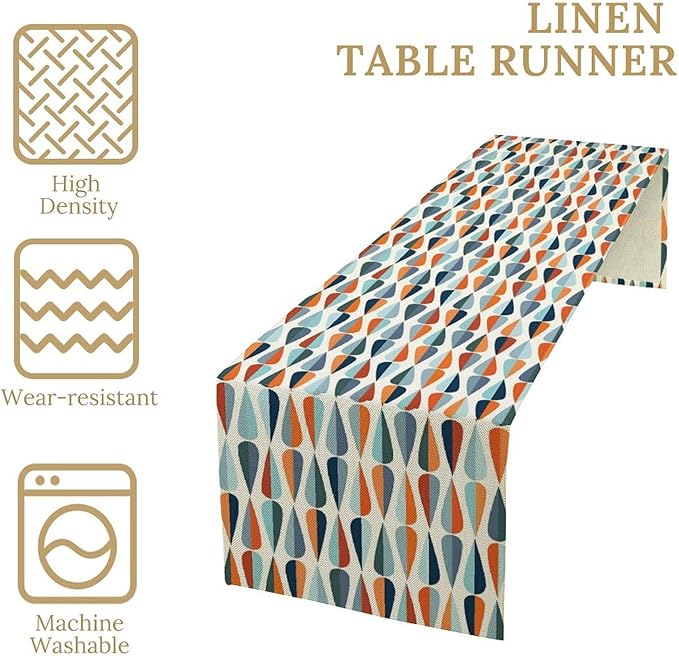 Mid Century Table Runner, Modern Style Retro Pattern Droplet Shapes Mosaic Tones Pattern Print for Home Kitchen Table Decor Dining Coffee Room Party Decor 13x120in