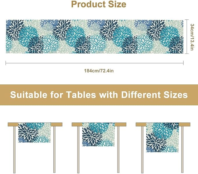 Floral Table Runner,Blue Flowers Print Spring Summer Table Cloth Kitchen Dining Table Home Party Decoration 13x90 Inch