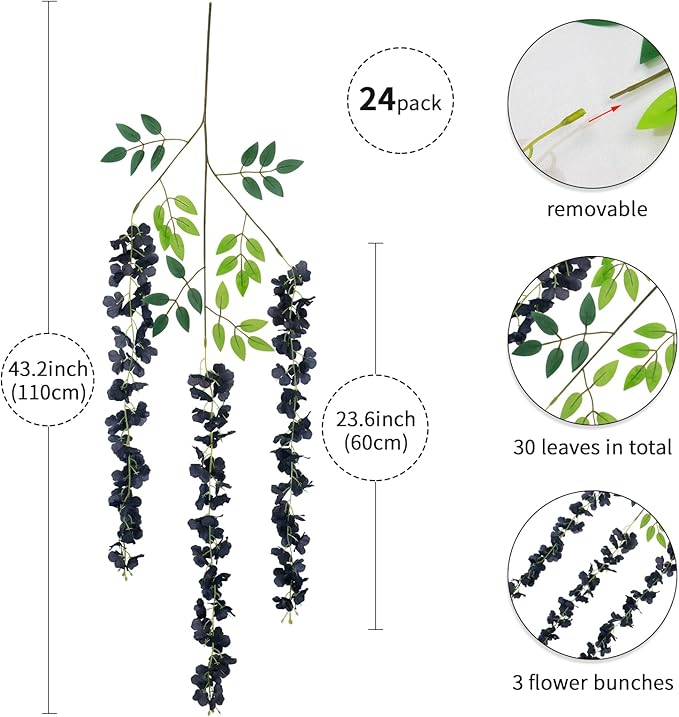 24 Pack Artificial Wisteria Flower Fake Silk Flowers String Vine Ratta Hanging Garland for Home Garden Party Wedding Backdrop Arch Decor (Black)