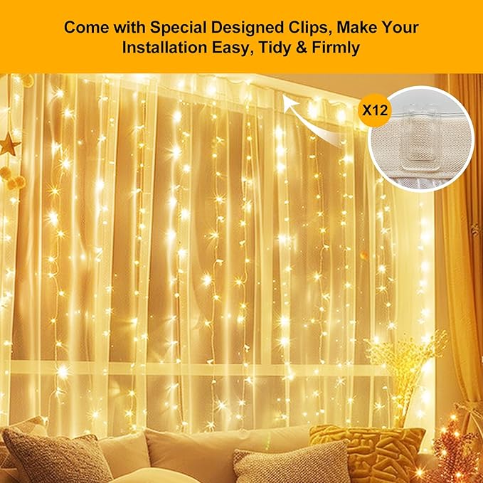 Fairy Curtain Lights Upgraded Tangle-Free Warm White USB Plug in 8 Modes String Hanging Lights with Remote for Christmas, Bedroom, Indoor, Outdoor, Weddings, Party (10FTx10FT)