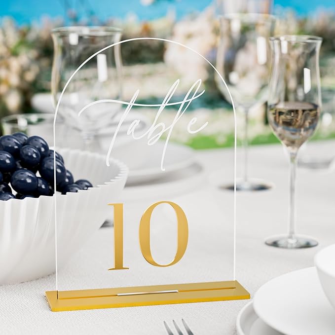 Arch Wedding Table Numbers 1-10 w/Stand, Gold 3D Table Numbers for Reception - 5.5" X 7" Elegant Acrylic Arch Sign with Holder, Perfect for Wedding, Anniversary, Banquet, and Event Decor