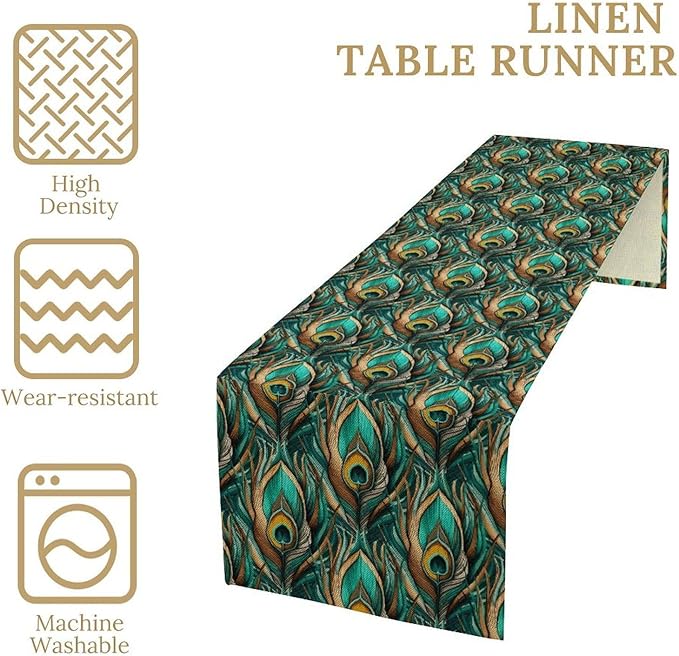 Peacock Feather Table Runner,Retro Aesthetic Green Table Runner for Home Kitchen Dining Party Indoor Outdoor Decoration 13x120 Inch