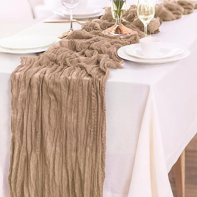 10-Pack Khaki Cheesecloth Table Runners – 10FT (35x120 Inch) Boho Rustic Gauze Fabric Cheese Cloth Table Runner for Weddings, Baby Showers, Bridal Shower, Farmhouse & Birthday Party Decor
