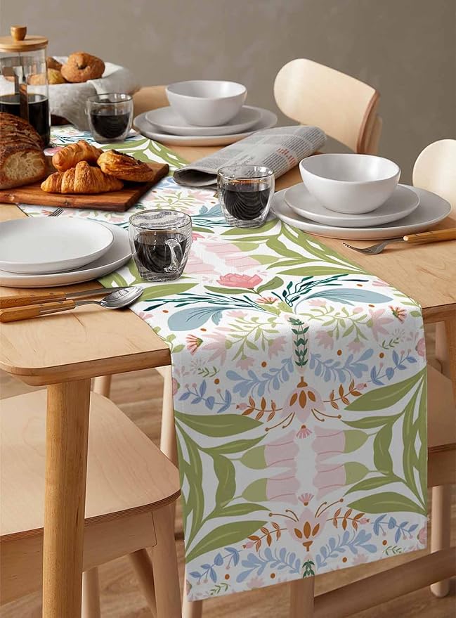 Green Blue Pink Boho Floral Cotton Linen Table Runner for Dining Kitchen, Wedding Outdoor Party Tablerunners Decoration, Retro Bohemian Botanical Dresser Scarf Coffee Tablecloth Runners 13x36 Inches