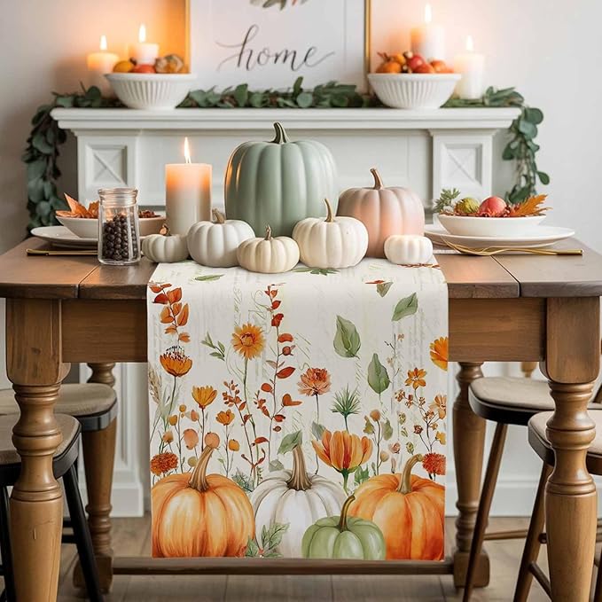 Fall Wildflowers Cotton Linen Table Runner for Dining Kitchen, Thanksgiving Pumpkin Outdoor Party Rustic Tablerunners Decoration,Botanical Floral Vintage Dresser Scarf Tablecloth Runners 13x108 Inches