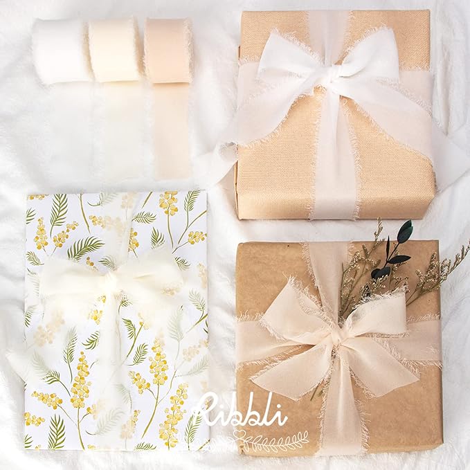 Ribbli Chiffon Ribbon - 1.5 inch x 30 Yard Handmade Silk, White/Ivory/Nude Fringe Chiffon for Wedding Invitations, Gift Wrapping, Bridal Bouquets, Flower Arrangement Decoration