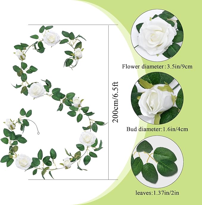 U'Artlines 3 Pack Artificial White Rose Vines Floral Garlands Total 19.5 Ft Fake Vine Silk Flower Garland for Indoor Outdoor Home Wedding Arch Garden Wall Decoration